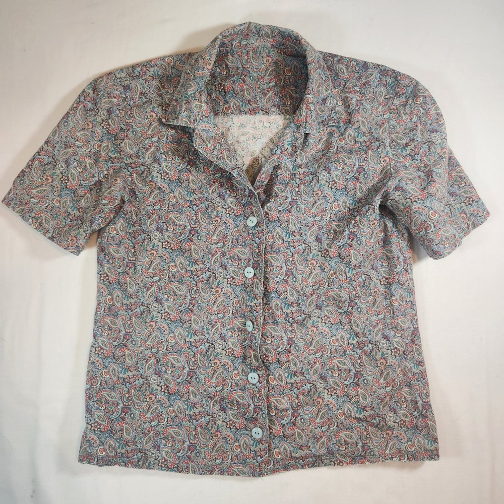 50s Vintage Handmade Paisley Button Down Shirt Short Sleeve Blue Red Multi Color